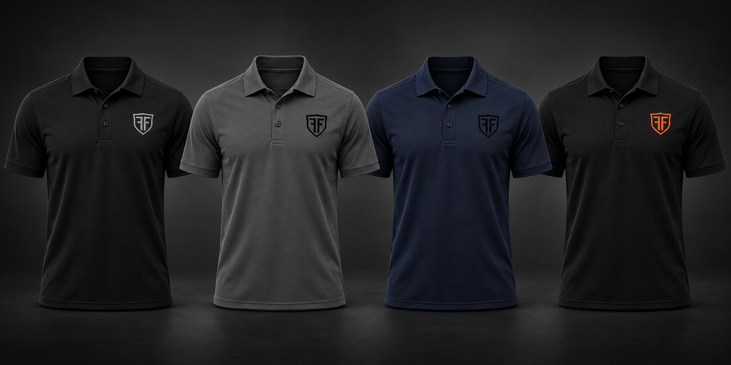 Four Flag and Forge performance polo colorways with smaller solid-color standard shield badges