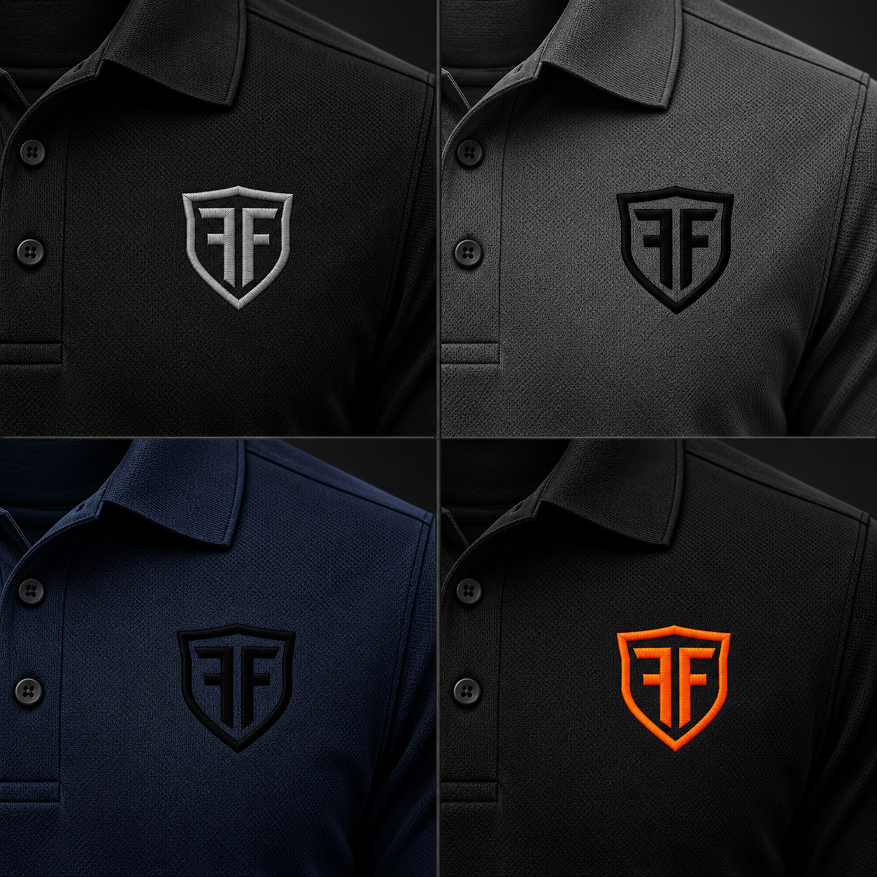 Close-up details of smaller solid-color Flag and Forge standard shield embroidery on four polo colorways