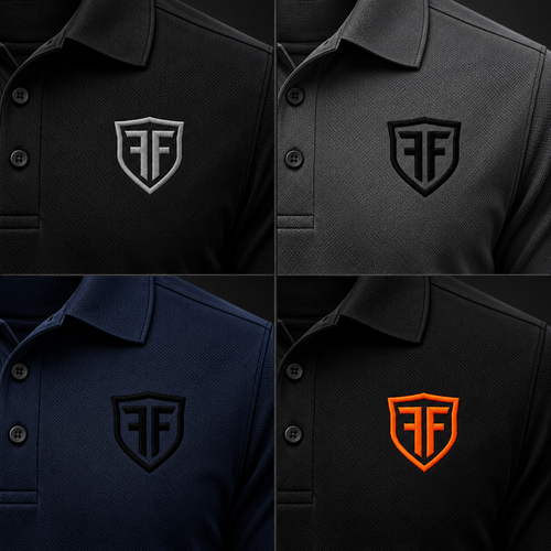 Close-up details of smaller solid-color Flag and Forge standard shield embroidery on four polo colorways