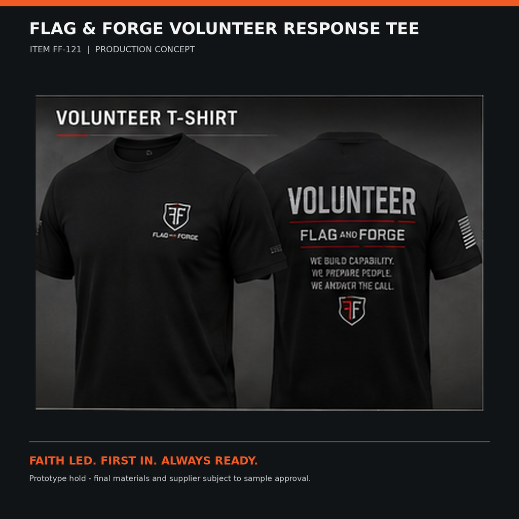 Flag & Forge Volunteer Response Tee product presentation
